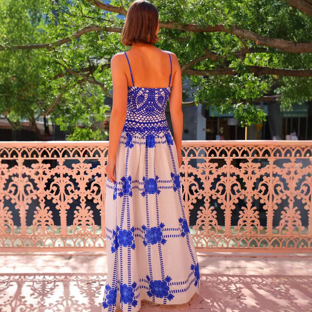 Women's Long Dress – A-Line Fit – Crochet Bodice – Spaghetti Straps – Floral Print - Image 2