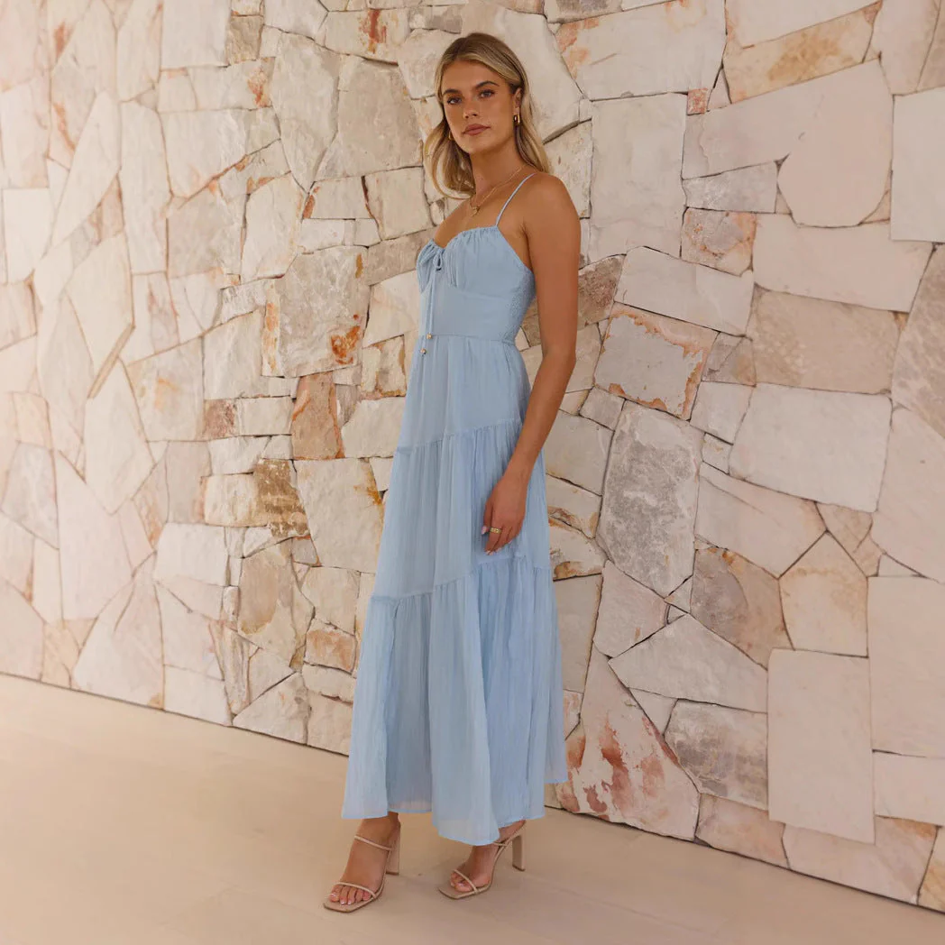 Women's Long Dress – A-Line Fit – Spaghetti Straps – Layered Skirt – Open Back - Image 2