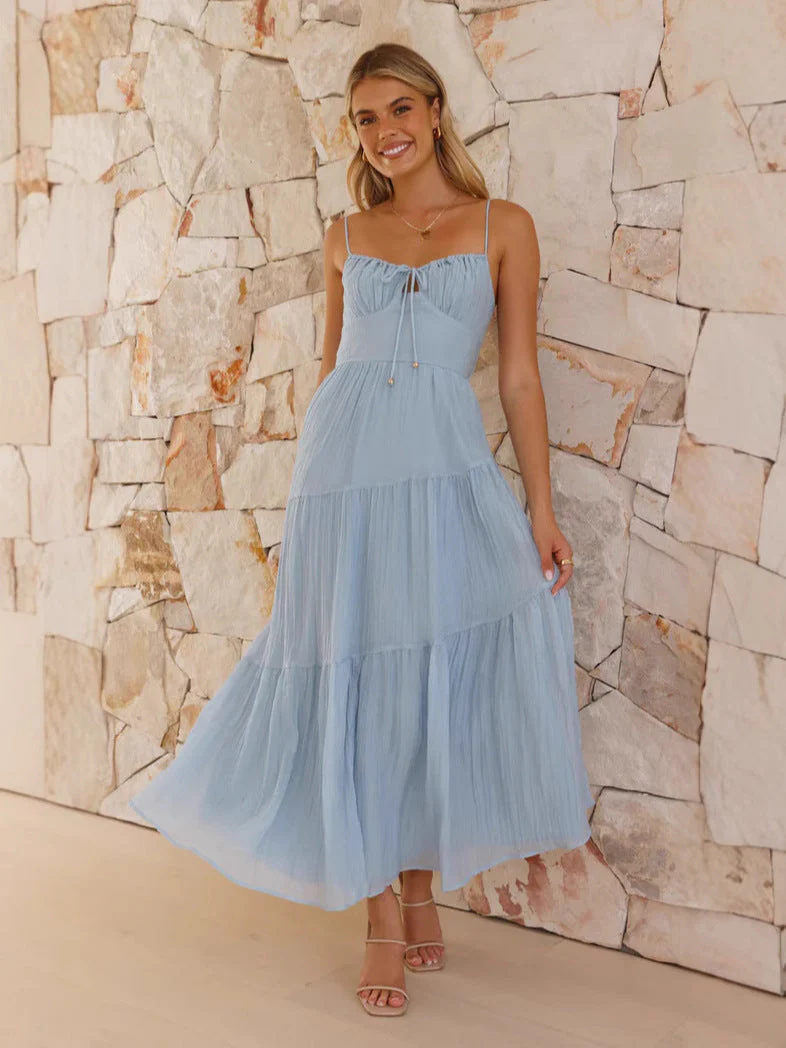 Women's Long Dress – A-Line Fit – Spaghetti Straps – Layered Skirt – Open Back - Image 4