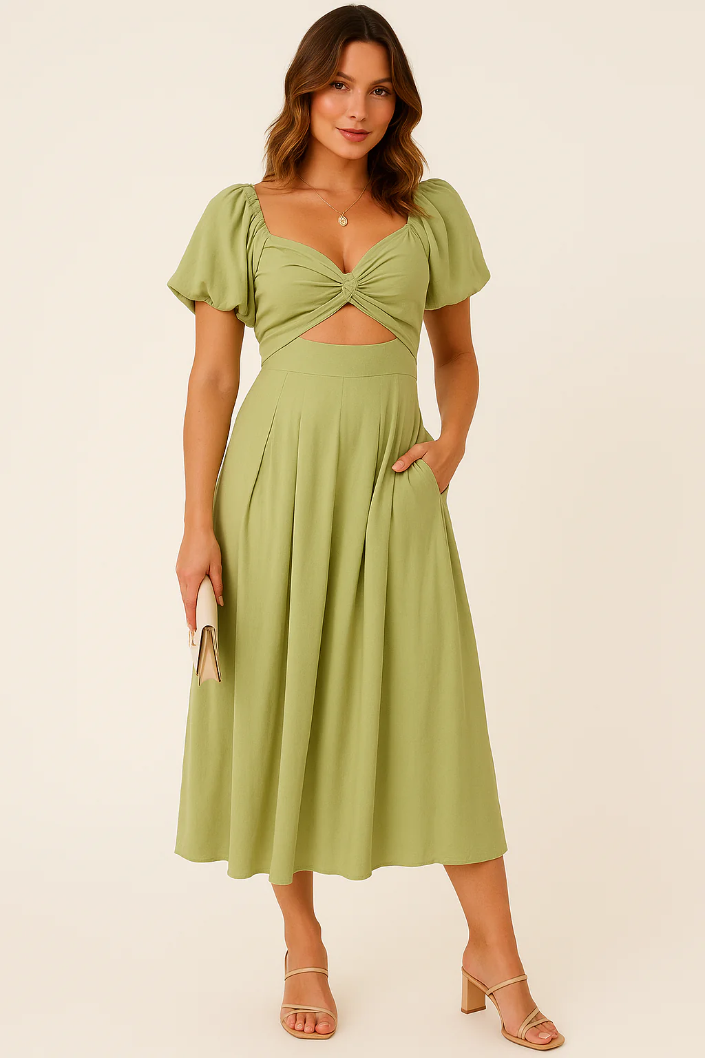 Women's Long Dress – Elegant Fit and Flare – Puff Sleeves – V-Neck – Airy Fabric - Image 2