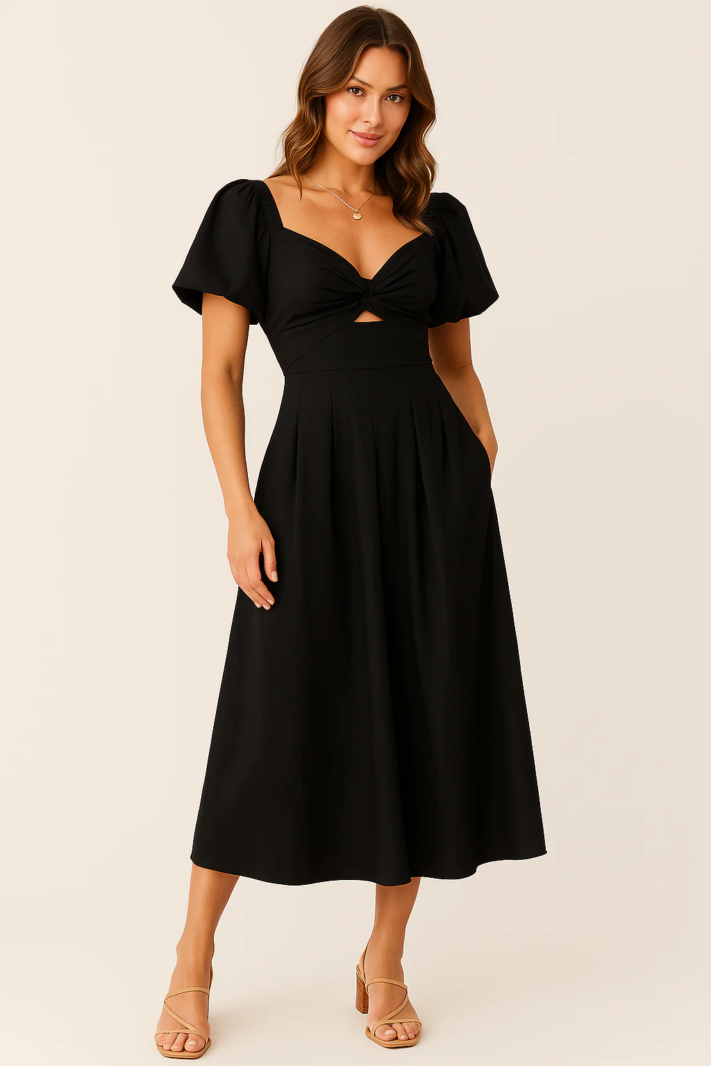 Women's Long Dress – Elegant Fit and Flare – Puff Sleeves – V-Neck – Airy Fabric - Image 3