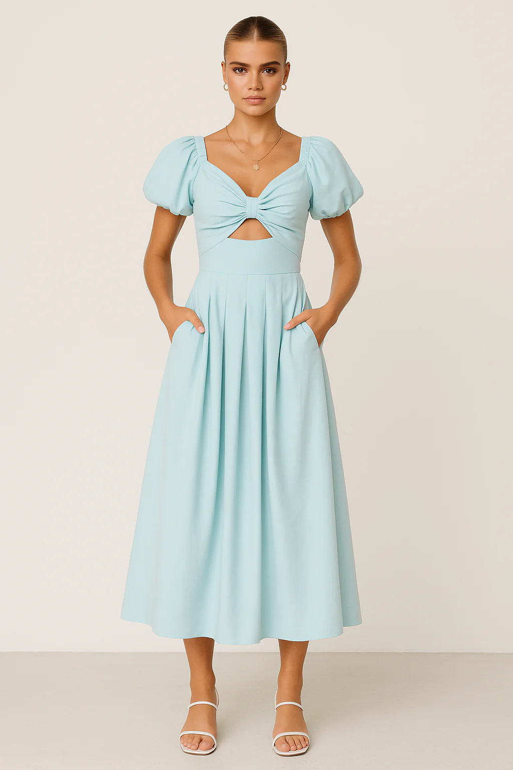 Women's Long Dress – Elegant Fit and Flare – Puff Sleeves – V-Neck – Airy Fabric - Image 4