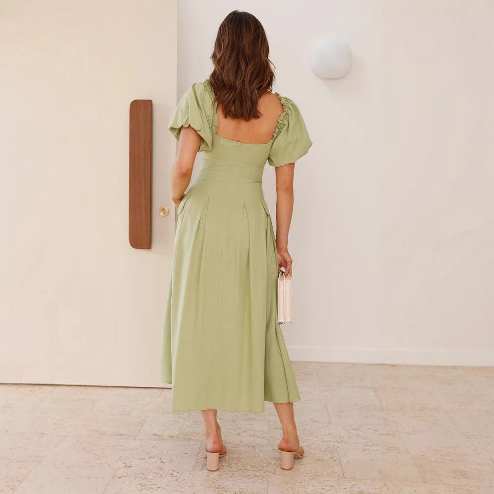 Women's Long Dress – Elegant Fit and Flare – Puff Sleeves – V-Neck – Airy Fabric - Image 5