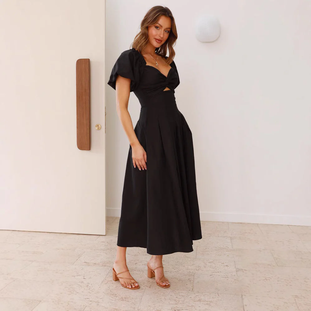 Women's Long Dress – Elegant Fit and Flare – Puff Sleeves – V-Neck – Airy Fabric - Image 7