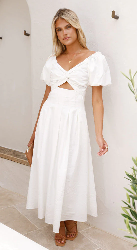 Women's Long Dress – Elegant Fit and Flare – Puff Sleeves – V-Neck – Airy Fabric - Image 8