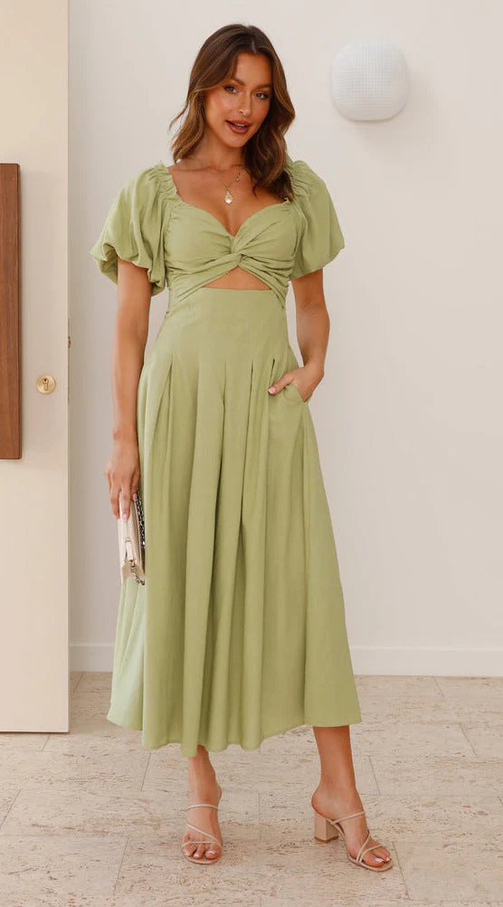 Women's Long Dress – Elegant Fit and Flare – Puff Sleeves – V-Neck – Airy Fabric - Image 9
