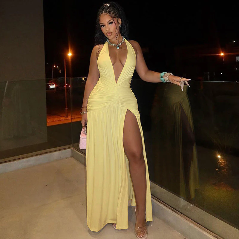 Women's Long Dress – Elegant Fit – Halter V-Neck – Ruched Waist – High Slit - Image 6