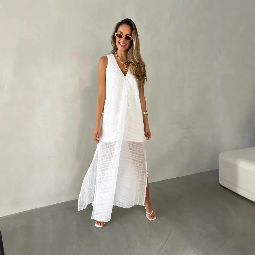 Women's Long Dress – Lace Fabric – Sleeveless V-Neck – Flowy Fit with Split - Image 3
