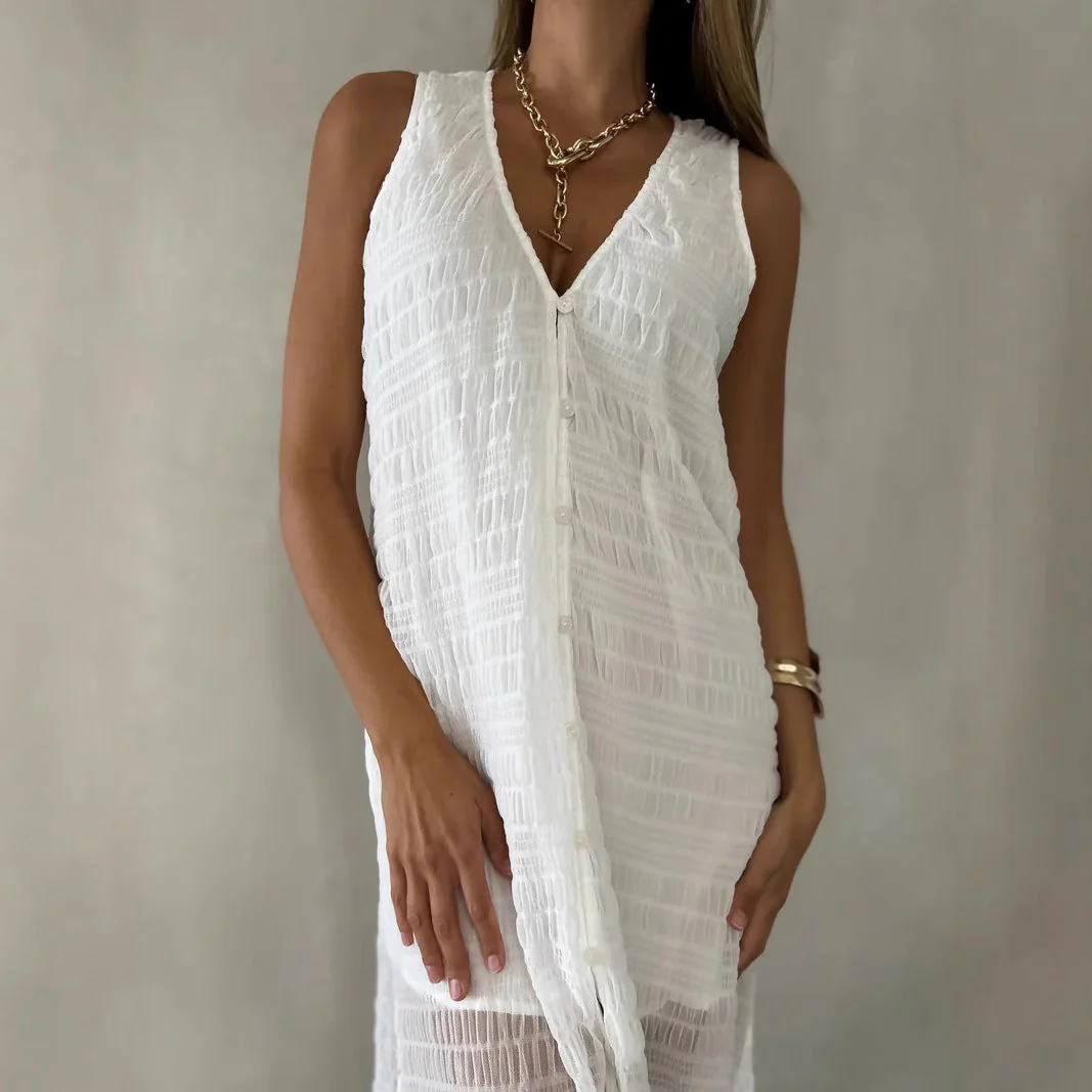 Women's Long Dress – Lace Fabric – Sleeveless V-Neck – Flowy Fit with Split - Image 4