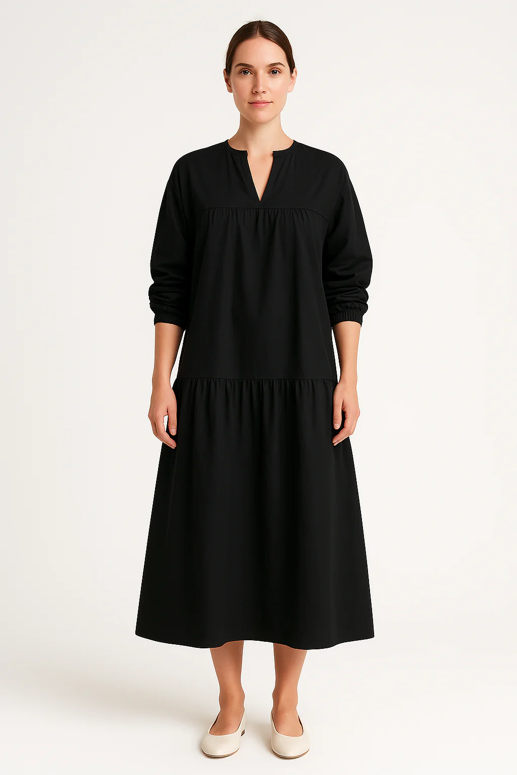 Women's Long Dress – Oversized Fit – Breathable Material – V-Neck – Puff Sleeves - Image 2