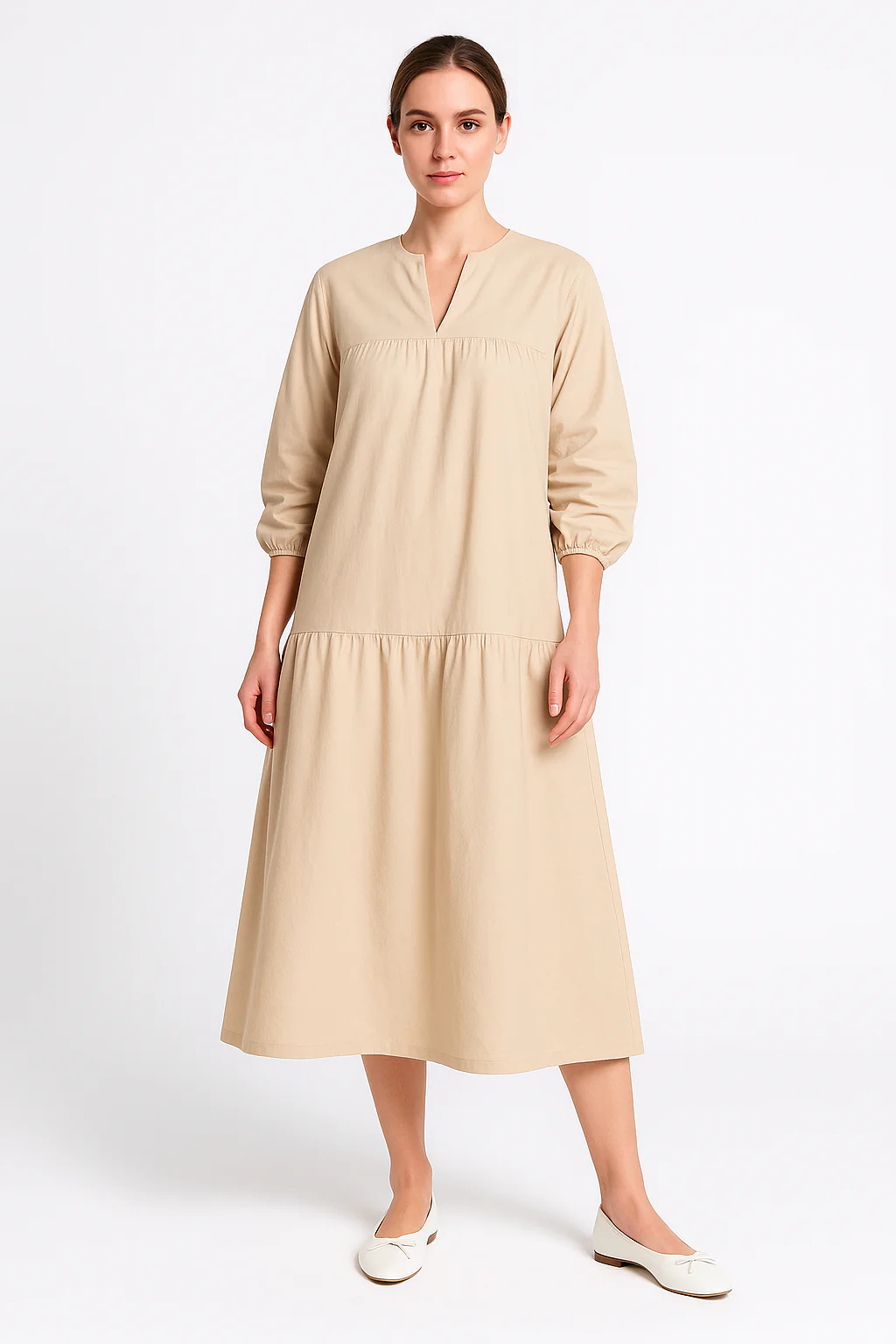 Women's Long Dress – Oversized Fit – Breathable Material – V-Neck – Puff Sleeves - Image 3
