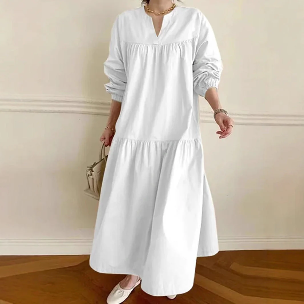 Women's Long Dress – Oversized Fit – Breathable Material – V-Neck – Puff Sleeves - Image 4