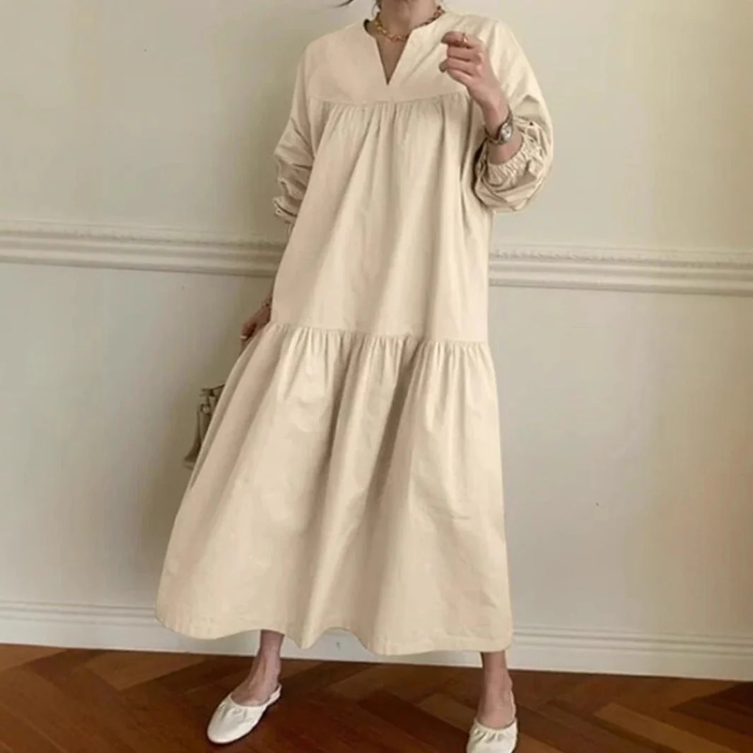 Women's Long Dress – Oversized Fit – Breathable Material – V-Neck – Puff Sleeves - Image 6