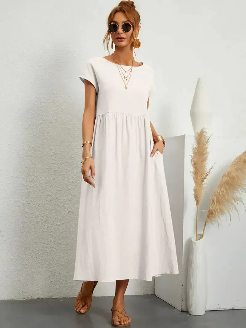 Women's Long Dress – Relaxed Fit – Short Sleeve – Pleated Waist – Breathable Fabric - Image 3