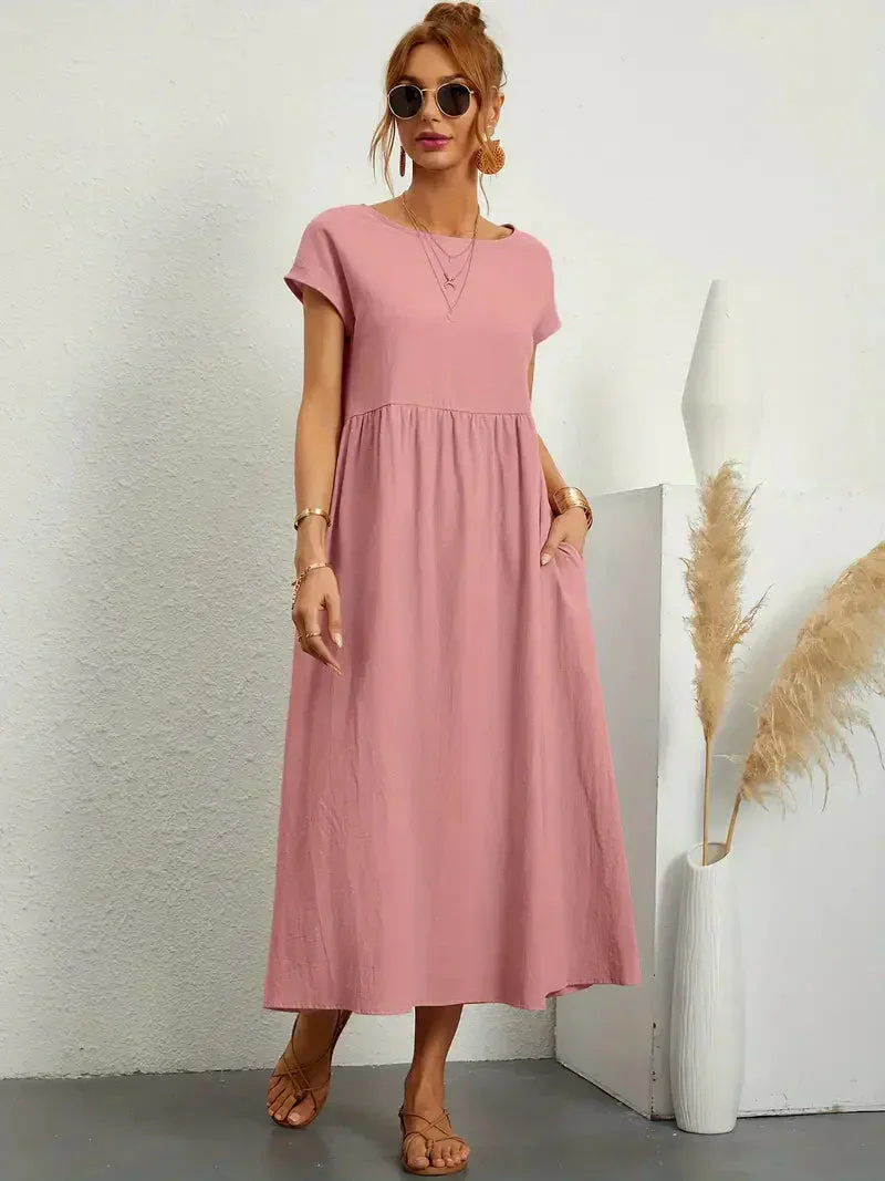Women's Long Dress – Relaxed Fit – Short Sleeve – Pleated Waist – Breathable Fabric - Image 4