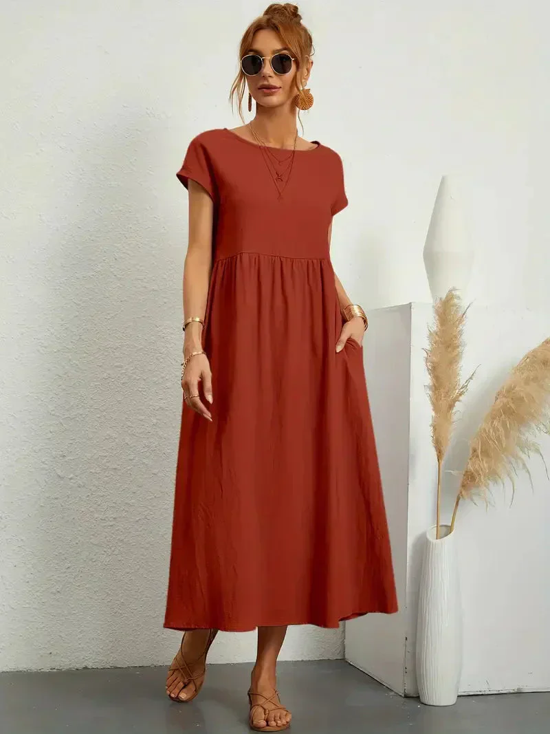 Women's Long Dress – Relaxed Fit – Short Sleeve – Pleated Waist – Breathable Fabric - Image 5