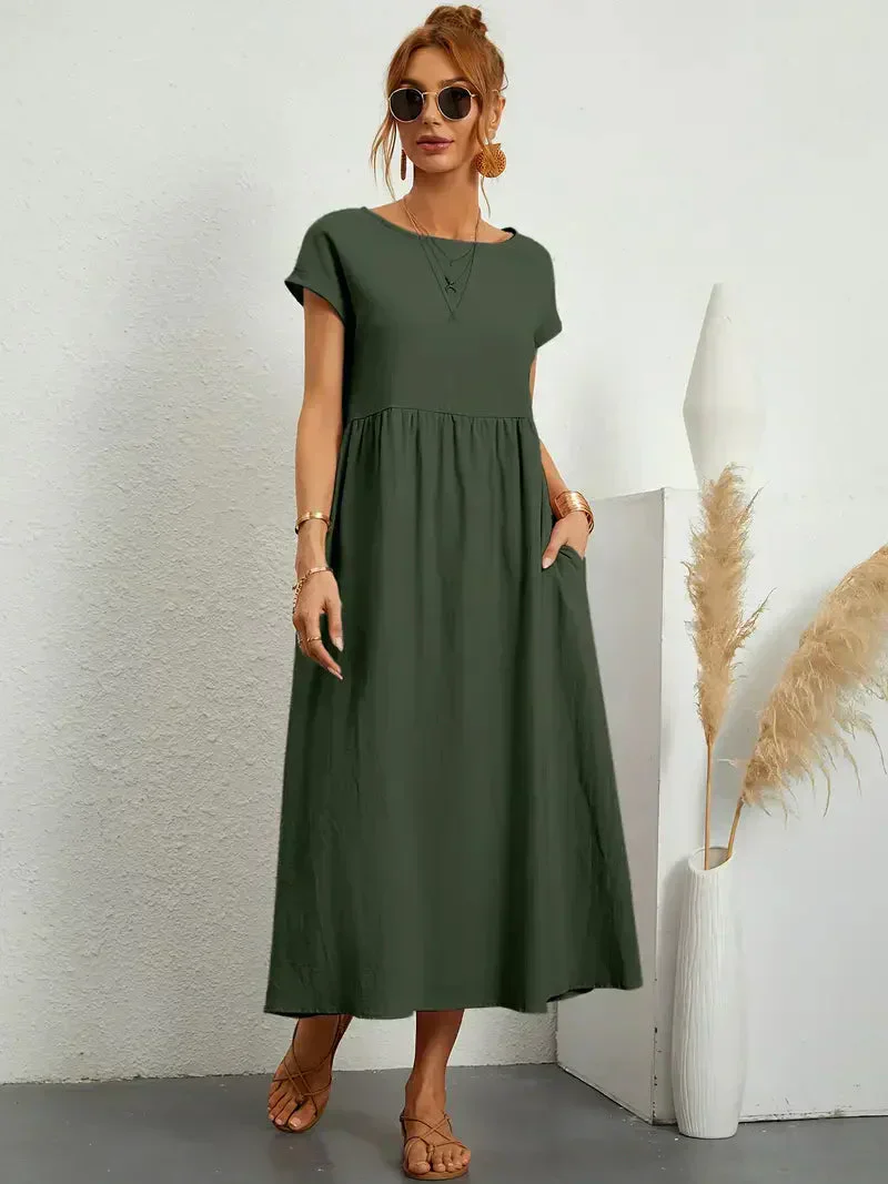 Women's Long Dress – Relaxed Fit – Short Sleeve – Pleated Waist – Breathable Fabric - Image 7