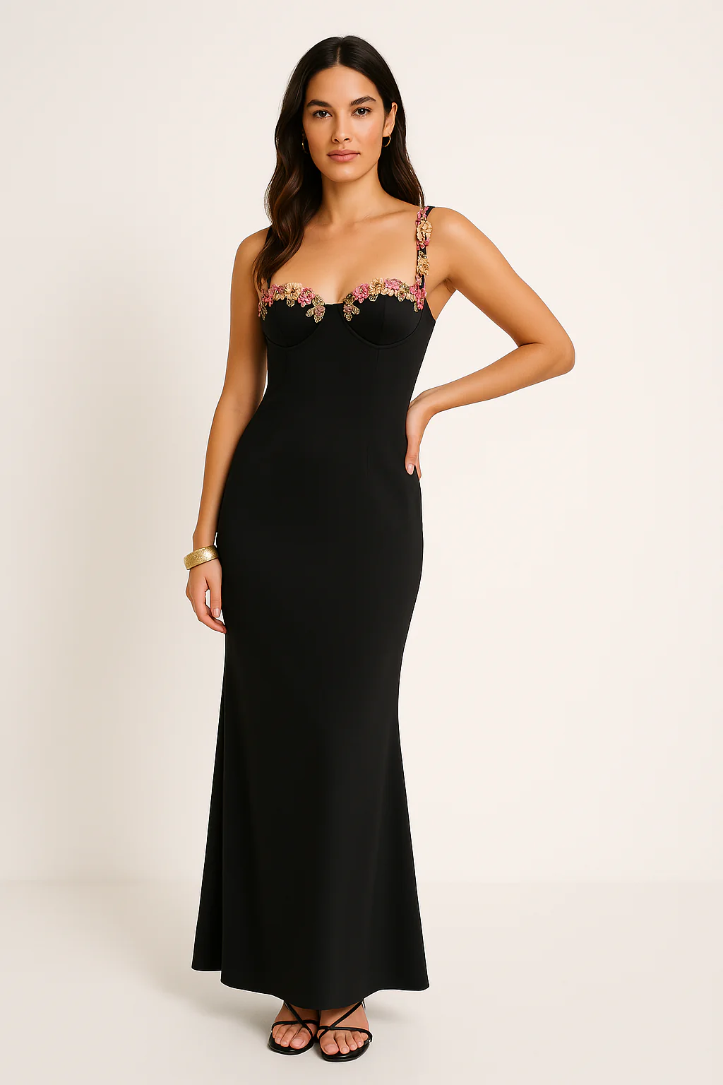 Ladies Long Dress – Satin Look – Slim Fit – Sweetheart Neckline – Lace Details - Image 2