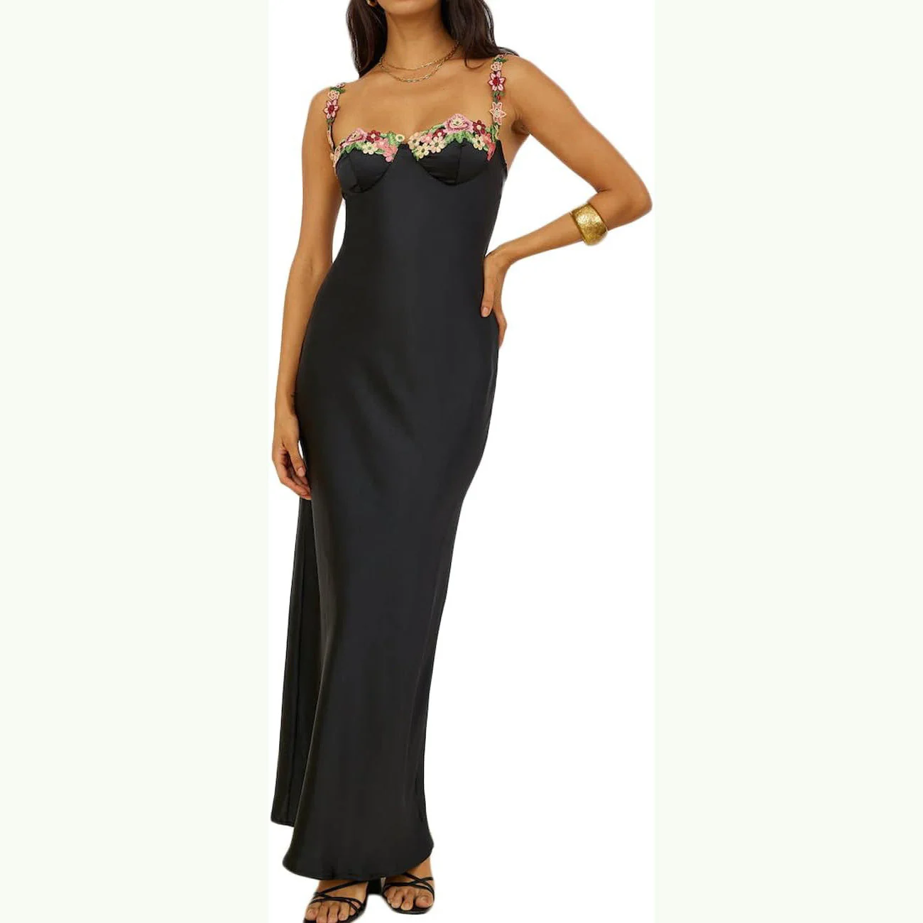 Ladies Long Dress – Satin Look – Slim Fit – Sweetheart Neckline – Lace Details - Image 7