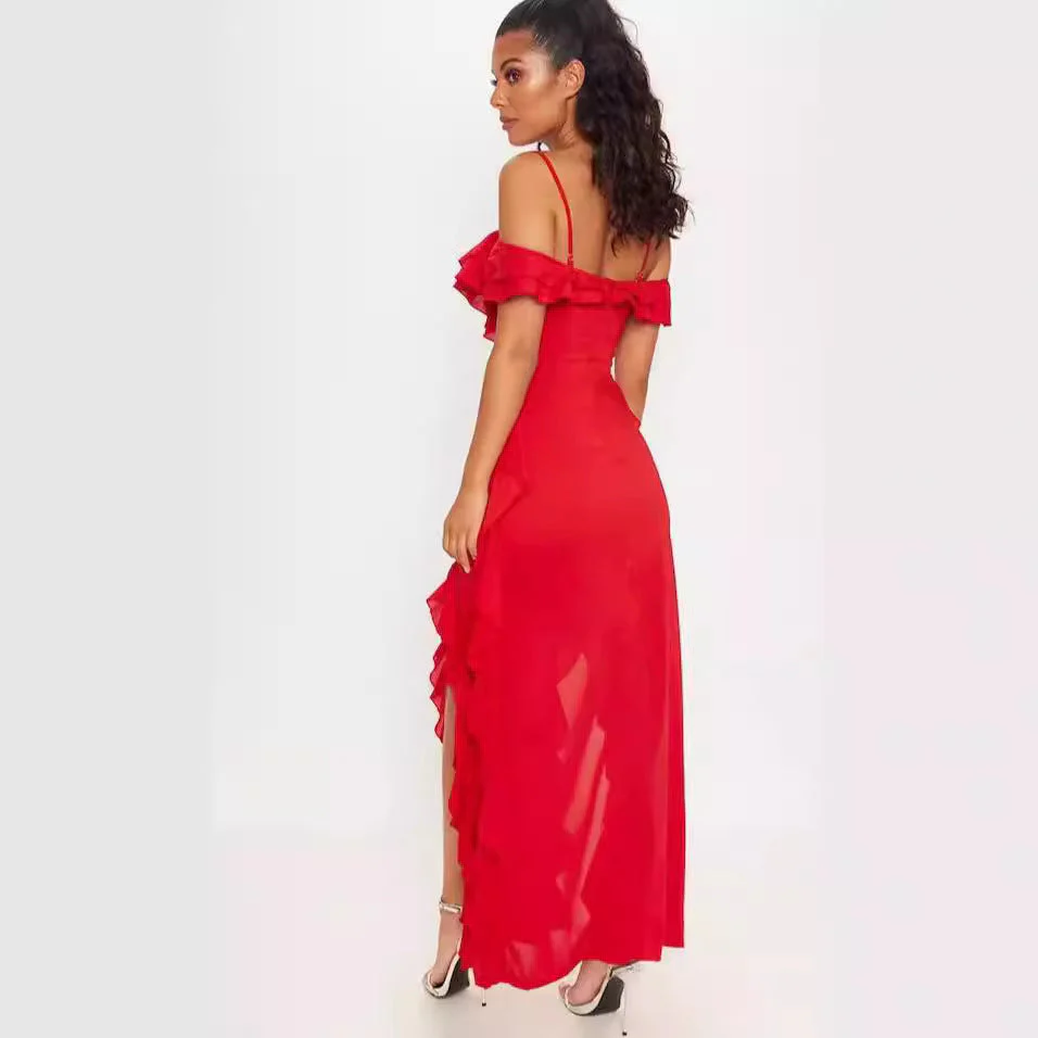 Women's Long Dress – Slim Fit – Ruffles – Off Shoulder – Spaghetti Straps – Luxury Look - Image 2