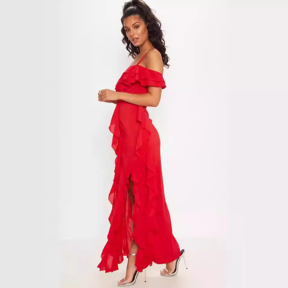 Women's Long Dress – Slim Fit – Ruffles – Off Shoulder – Spaghetti Straps – Luxury Look - Image 3