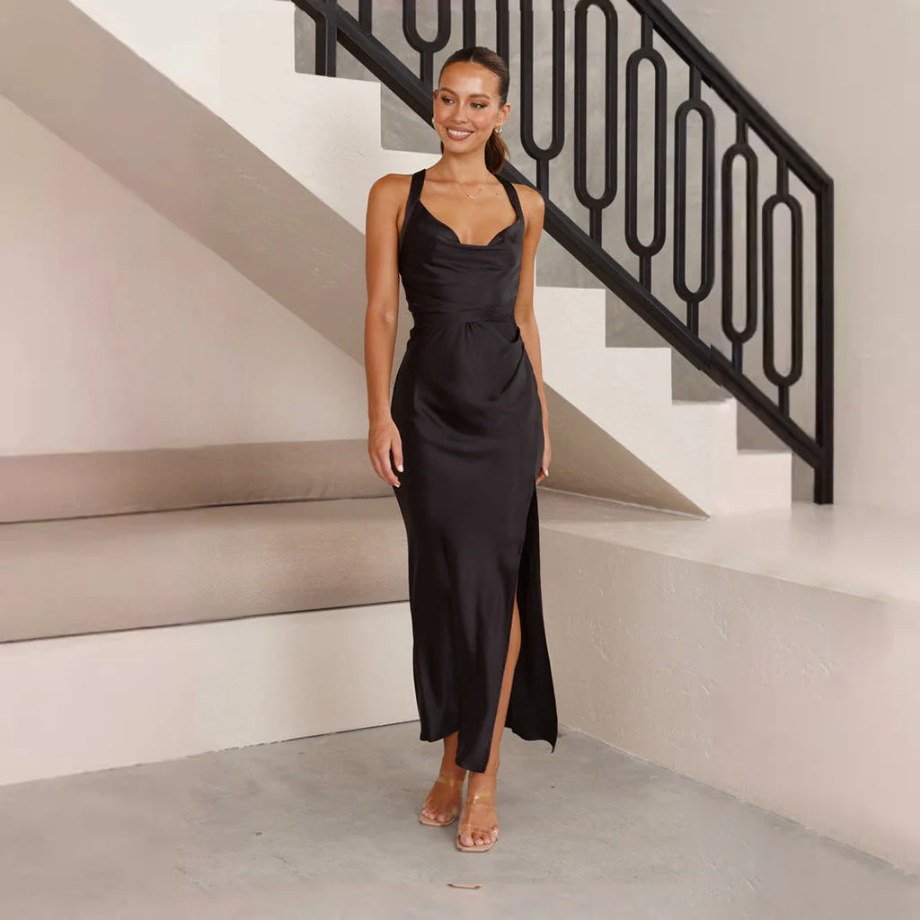 Women's Long Dress – Slim Fit – Satin Look – Cowl Neck – Split – Formal Model - Image 2