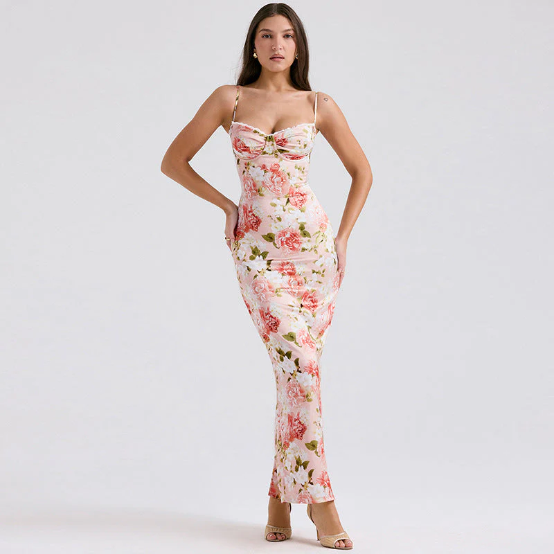 Women's Long Dress – Slim Fit – Satin – Spaghetti Straps – Floral Print – Elegant - Image 4