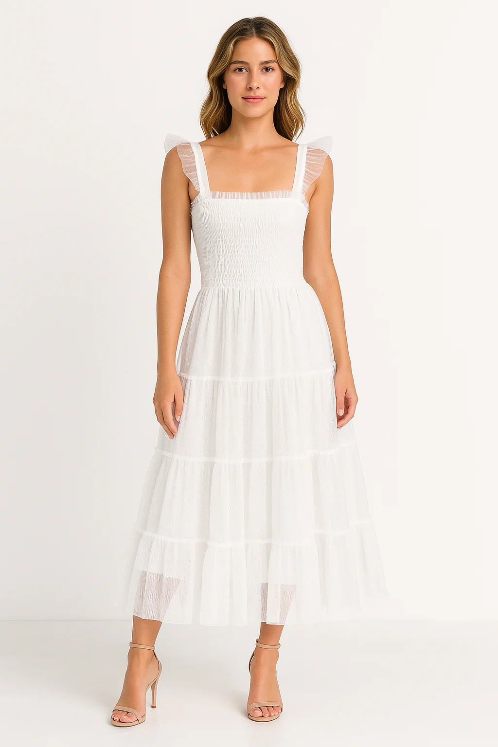 Ladies Long Dress – Smocked Bodice – Layered Mesh Skirt – Sleeveless with Ruffles - Image 2