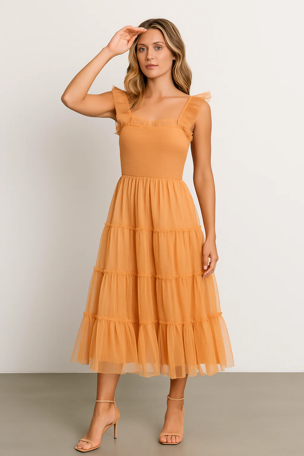 Ladies Long Dress – Smocked Bodice – Layered Mesh Skirt – Sleeveless with Ruffles - Image 3