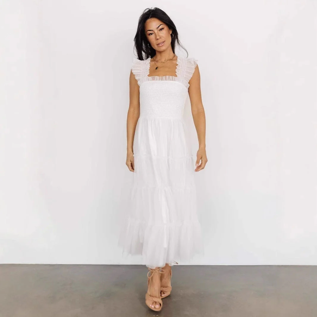 Ladies Long Dress – Smocked Bodice – Layered Mesh Skirt – Sleeveless with Ruffles - Image 4