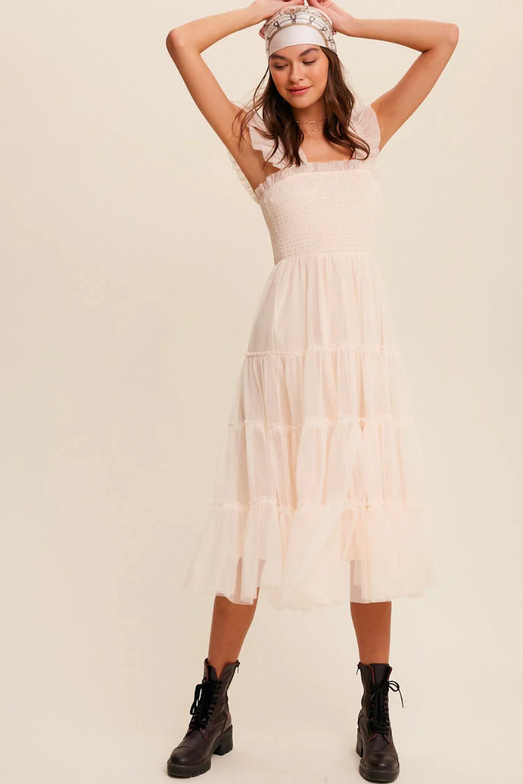 Ladies Long Dress – Smocked Bodice – Layered Mesh Skirt – Sleeveless with Ruffles - Image 5