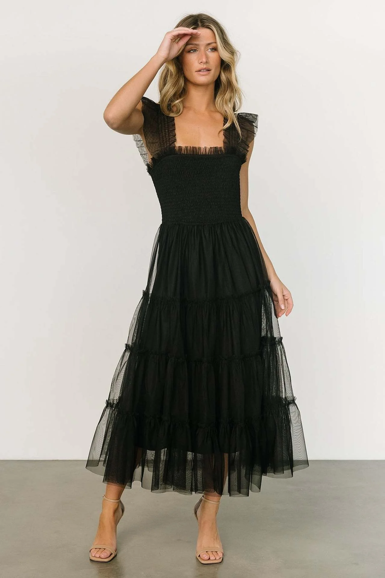 Ladies Long Dress – Smocked Bodice – Layered Mesh Skirt – Sleeveless with Ruffles - Image 6