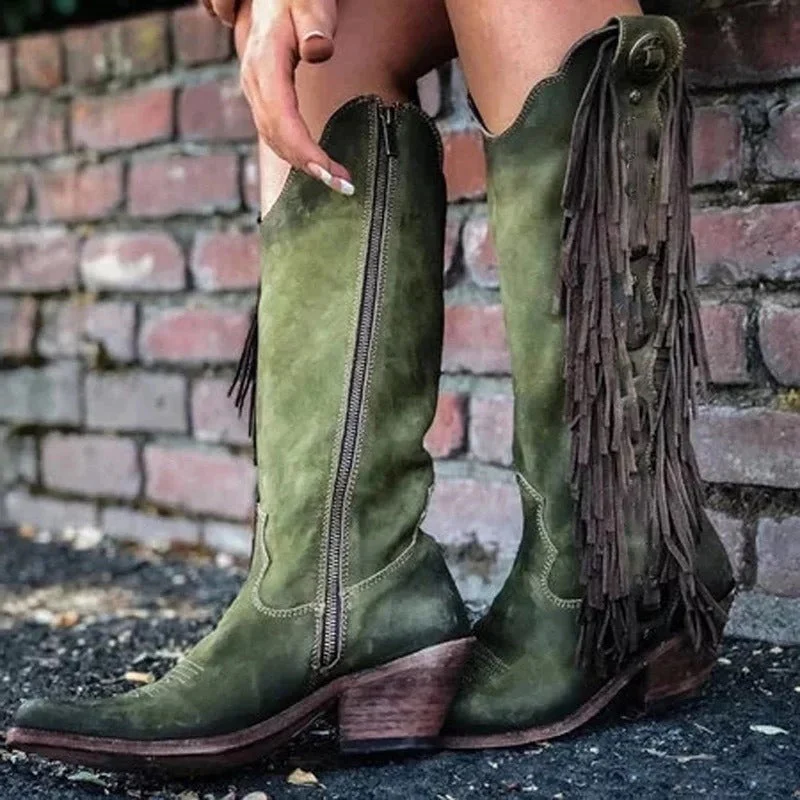 Women's long boots – Pointed toe – Animal print – Fringes – Block heel - Image 2