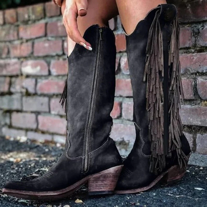 Women's long boots – Pointed toe – Animal print – Fringes – Block heel - Image 3