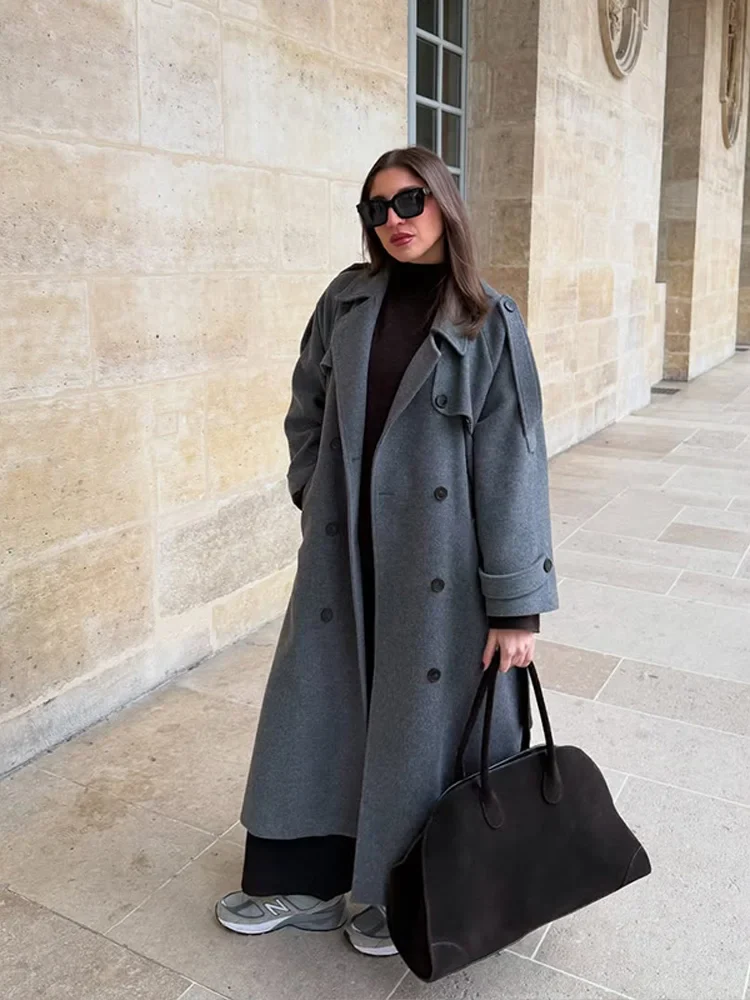 Ladies Long Overcoat – Wool – Loose Fit – Double-Breasted – Structured Shoulders - Image 3