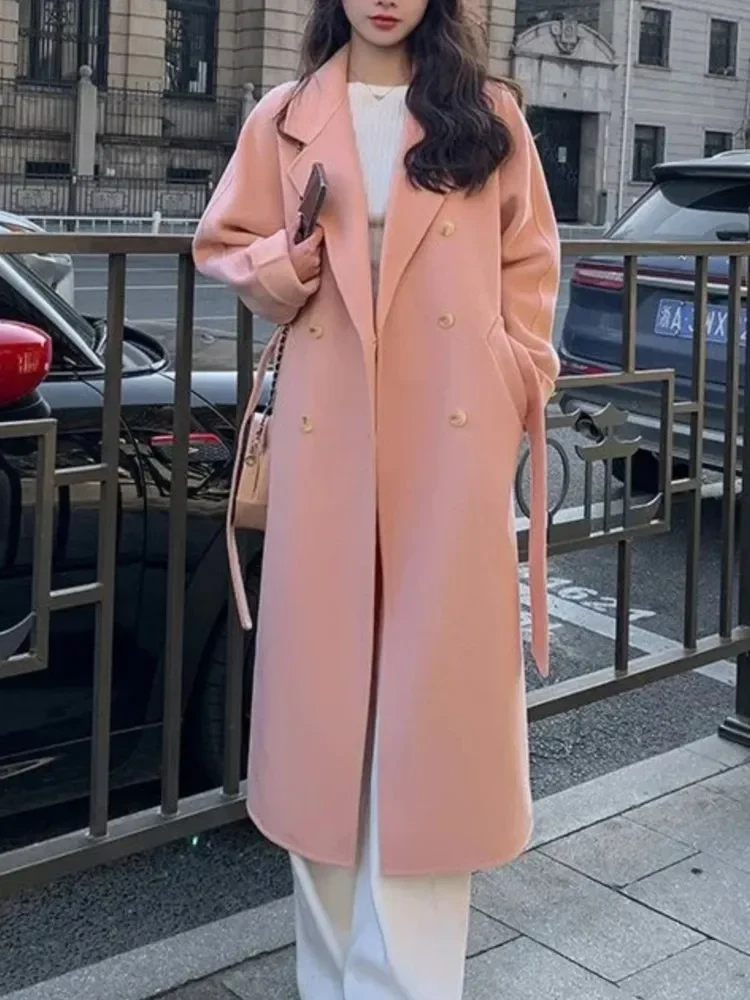 Women's Long Overcoat – Wool Blend – Loose Fit – Double-Breasted – With Belt - Image 2