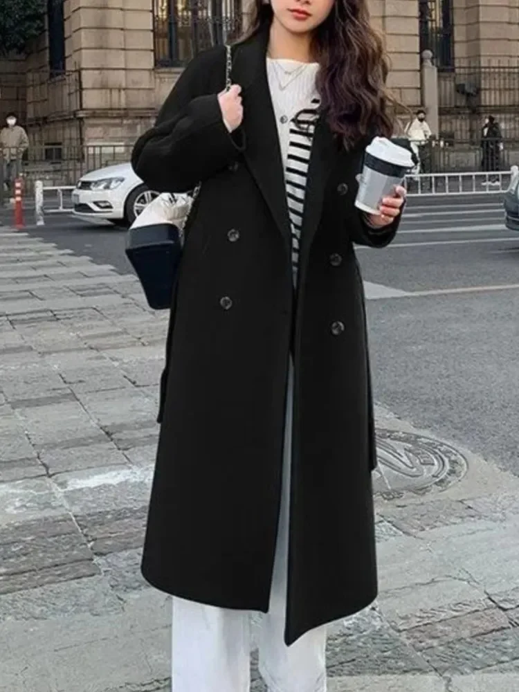 Women's Long Overcoat – Wool Blend – Loose Fit – Double-Breasted – With Belt - Image 3