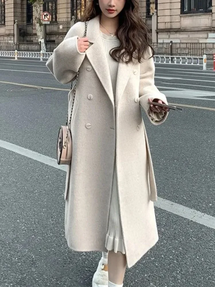 Women's Long Overcoat – Wool Blend – Loose Fit – Double-Breasted – With Belt - Image 4