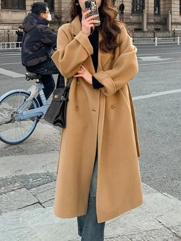 Women's Long Overcoat – Wool Blend – Loose Fit – Double-Breasted – With Belt - Image 5