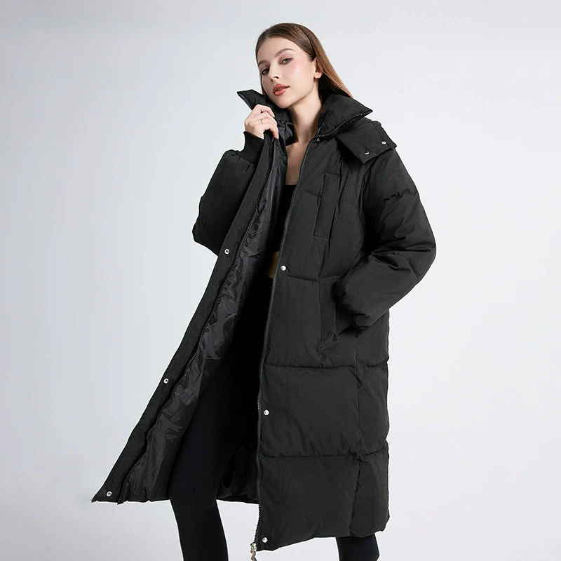 Women's Long Puffer Trenchcoat – Oversized Fit – Padded – Hood – High Collar - Image 2