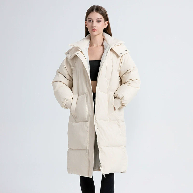 Women's Long Puffer Trenchcoat – Oversized Fit – Padded – Hood – High Collar - Image 3