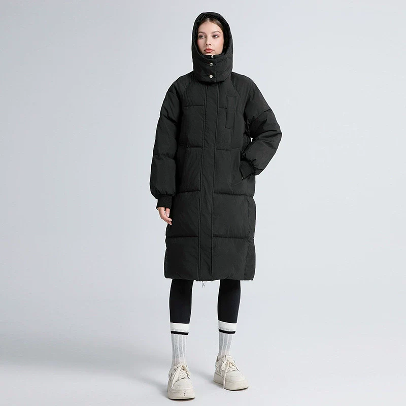 Women's Long Puffer Trenchcoat – Oversized Fit – Padded – Hood – High Collar - Image 4
