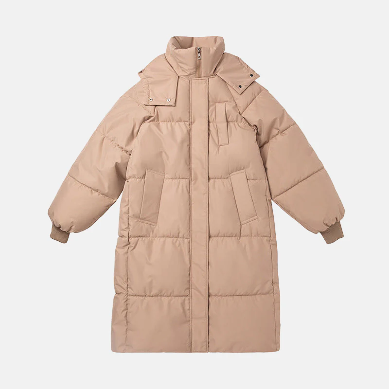 Women's Long Puffer Trenchcoat – Oversized Fit – Padded – Hood – High Collar - Image 5