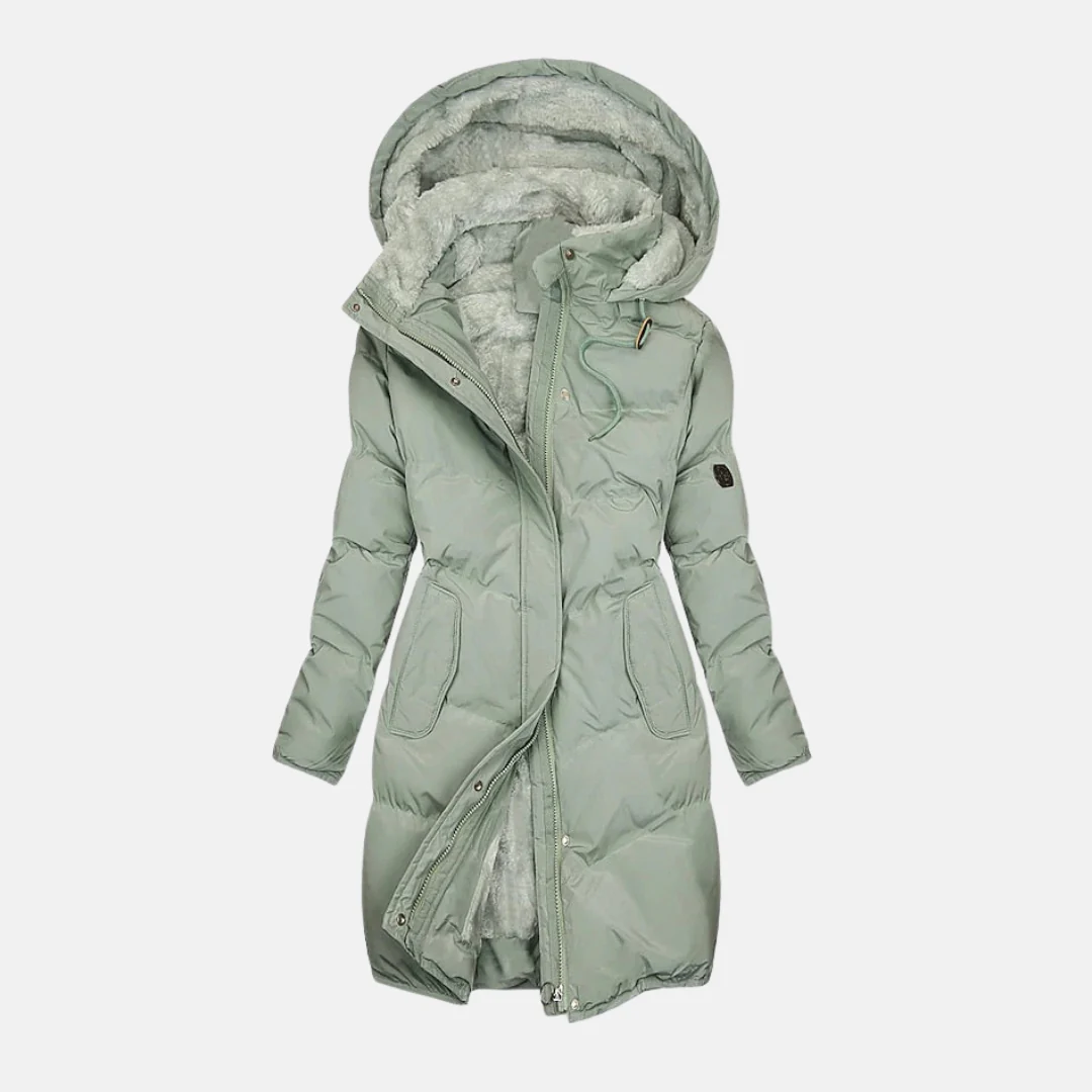 Women's Long Puffer Jacket – Water-Repellent – Lined – Adjustable Waist – Hood with Lining - Image 2