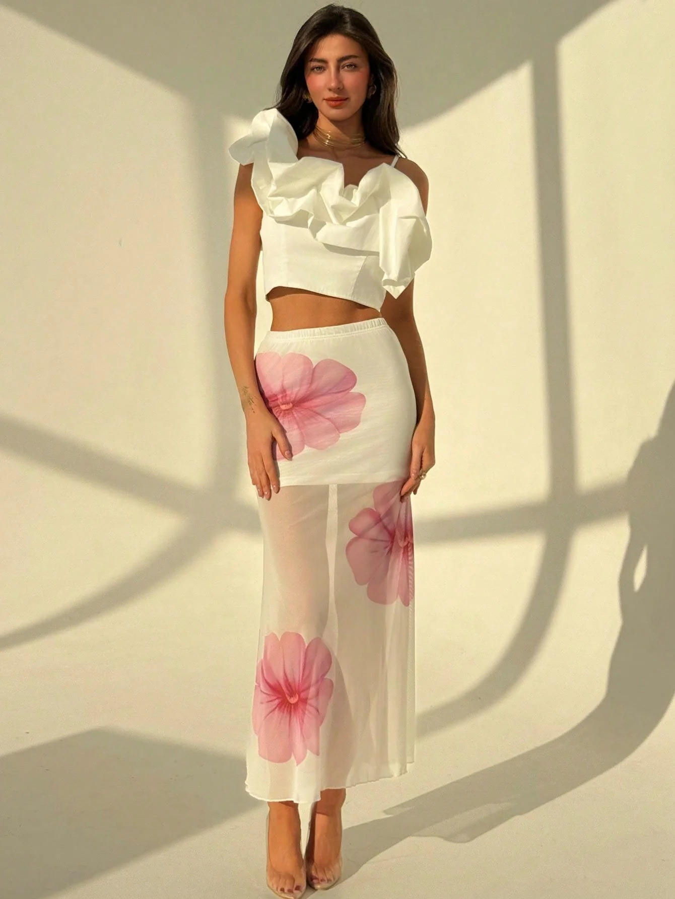Ladies Long Skirt – Mesh Design – Mermaid Fit – Transparent Floral Print - Image 2