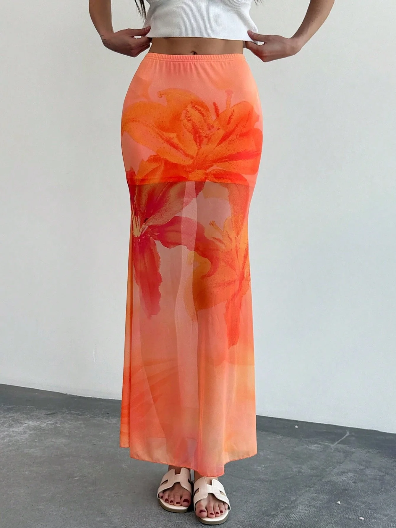 Ladies Long Skirt – Mesh Design – Mermaid Fit – Transparent Floral Print - Image 3