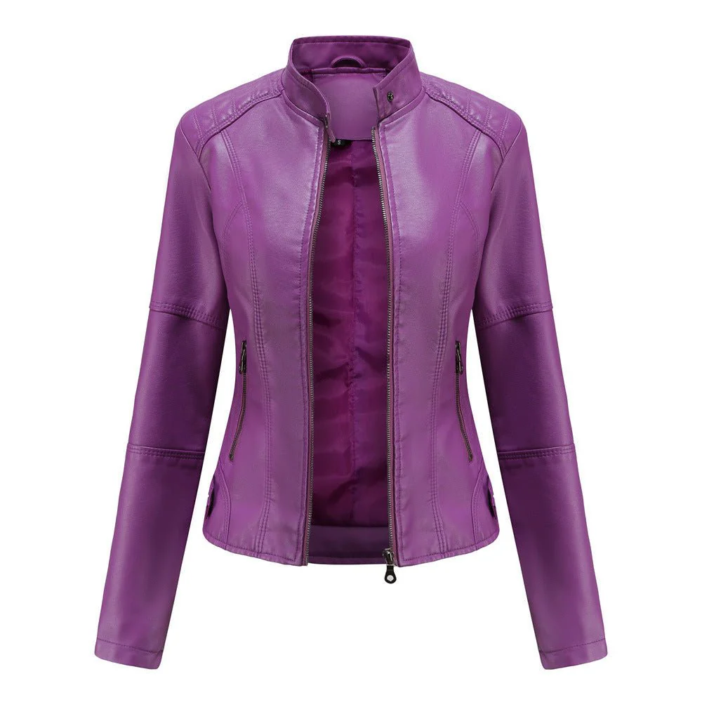 Women's leather jacket – Fitted model – Stand-up collar – Zipped pockets – Long sleeve - Image 12