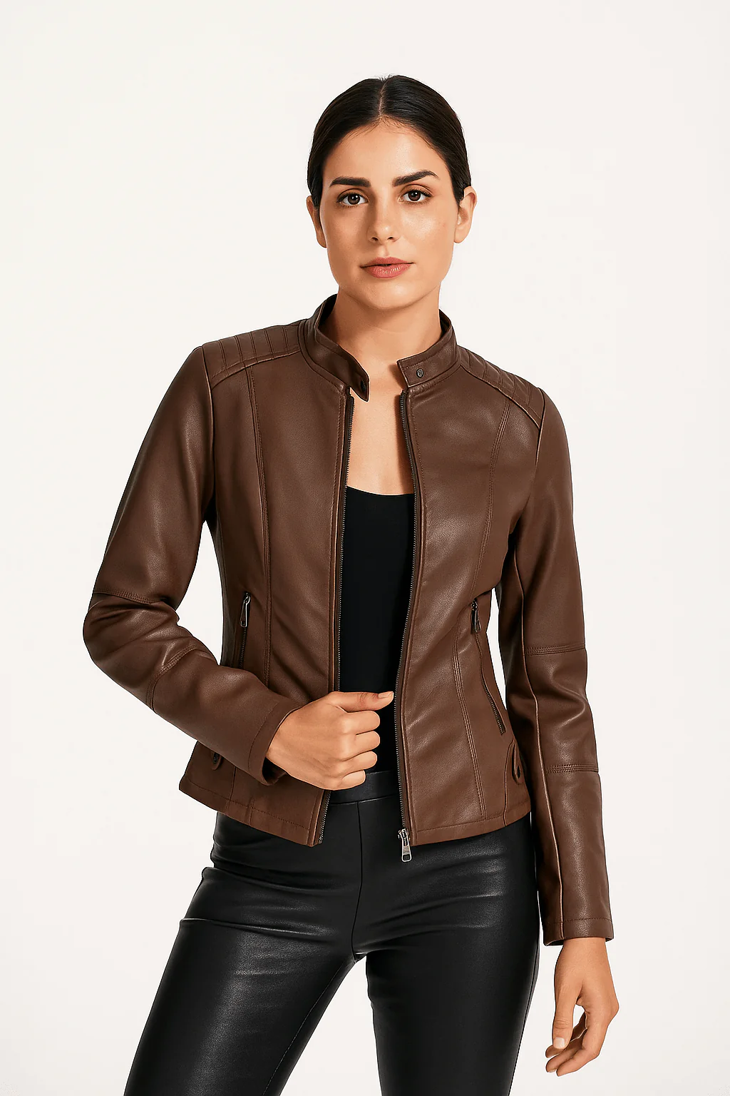 Women's leather jacket – Fitted model – Stand-up collar – Zipped pockets – Long sleeve - Image 3