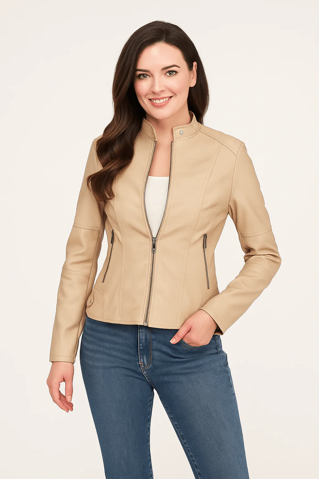 Women's leather jacket – Fitted model – Stand-up collar – Zipped pockets – Long sleeve - Image 5