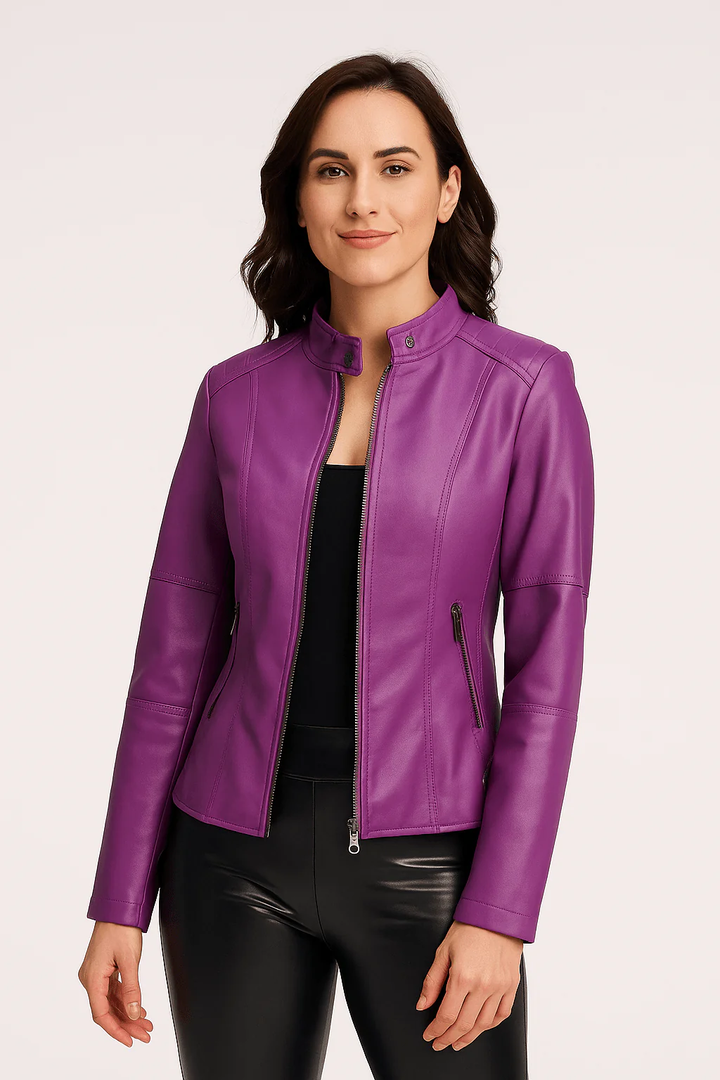 Women's leather jacket – Fitted model – Stand-up collar – Zipped pockets – Long sleeve - Image 6